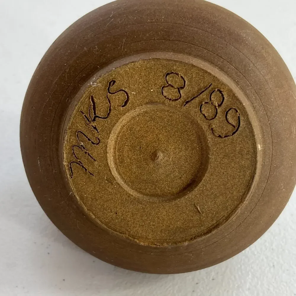 Handmade Vase Clay Brown Round Flat 1989 Signed MKS Vintage